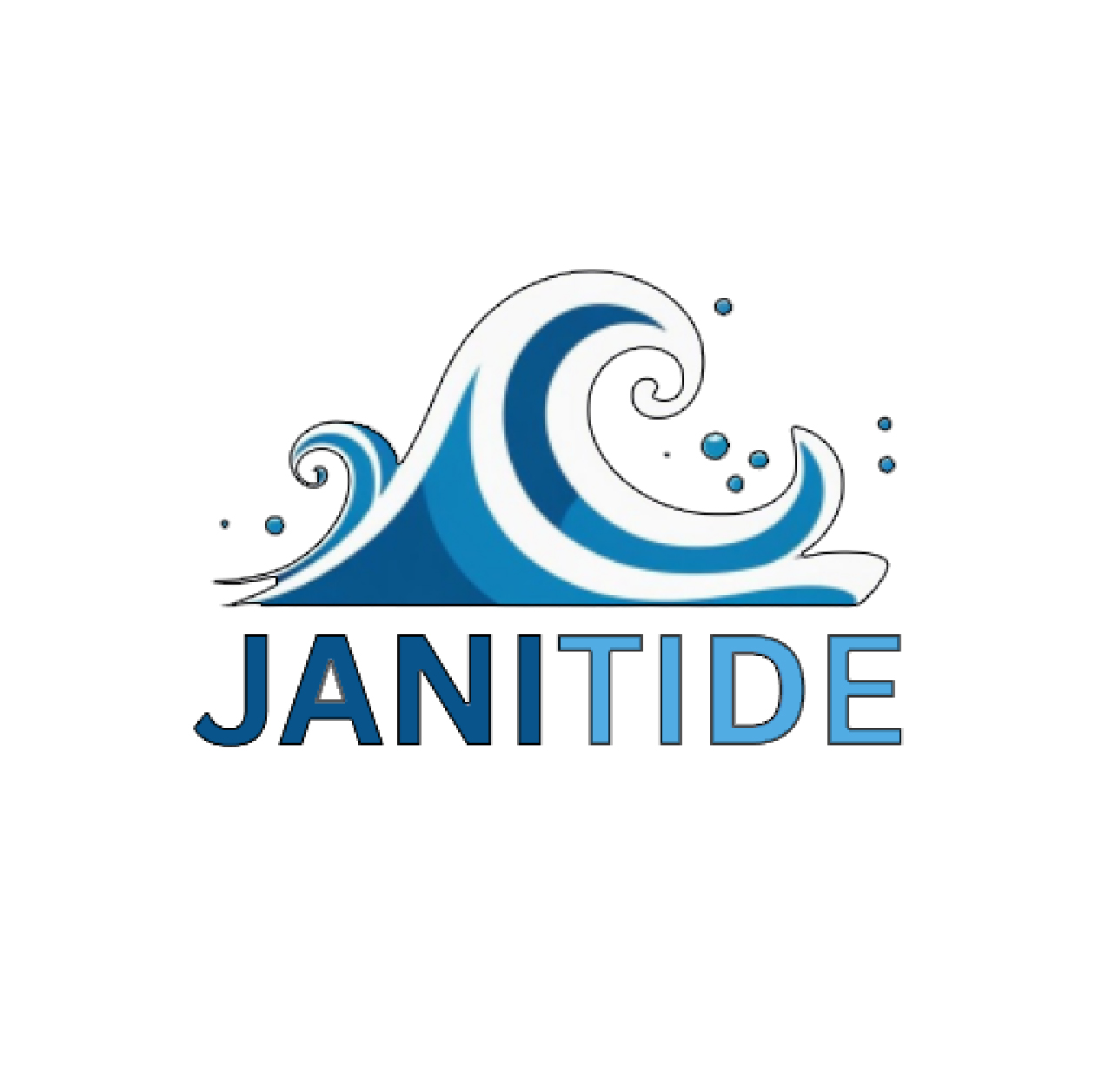 Logo for JaniTide, a commercial cleaning company, featuring a stylized blue ocean wave with bubbles, symbolizing freshness and cleanliness. The company name "JaniTIDE" is displayed below the wave in bold white and light blue text.