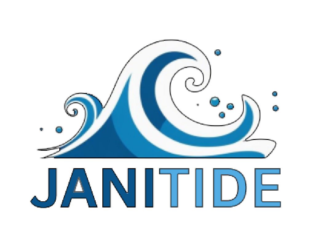 Logo for JaniTide, a commercial cleaning company, featuring a stylized blue ocean wave with bubbles, symbolizing freshness and cleanliness. The company name "JaniTIDE" is displayed below the wave in bold white and light blue text.